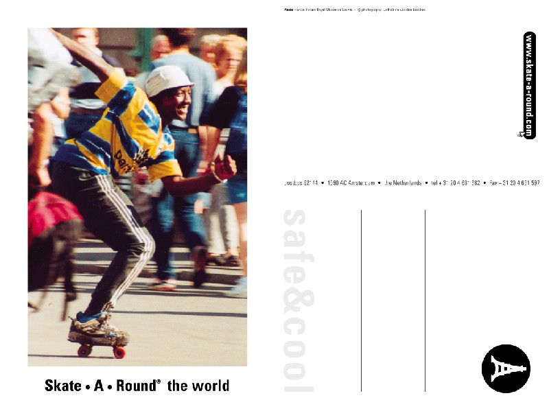 Eén van de acht verschillende ansichtkaarten Skate-A-Round; deze is van het skateweekend in Parijs. Door Cathelijne van den Bercken