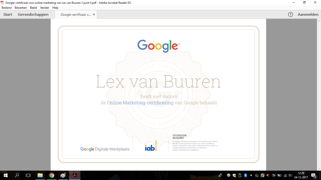 SEO copywriter Lex van Buuren is in het bezit van het certificaat online marketing van Google