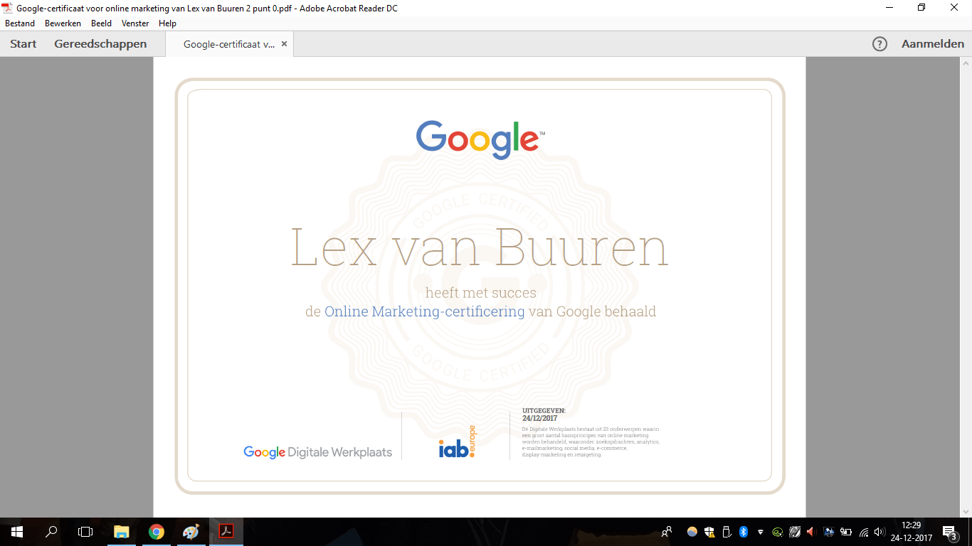 SEO writer Lex van Buuren is in het bezit van het certificaat online marketing van Google