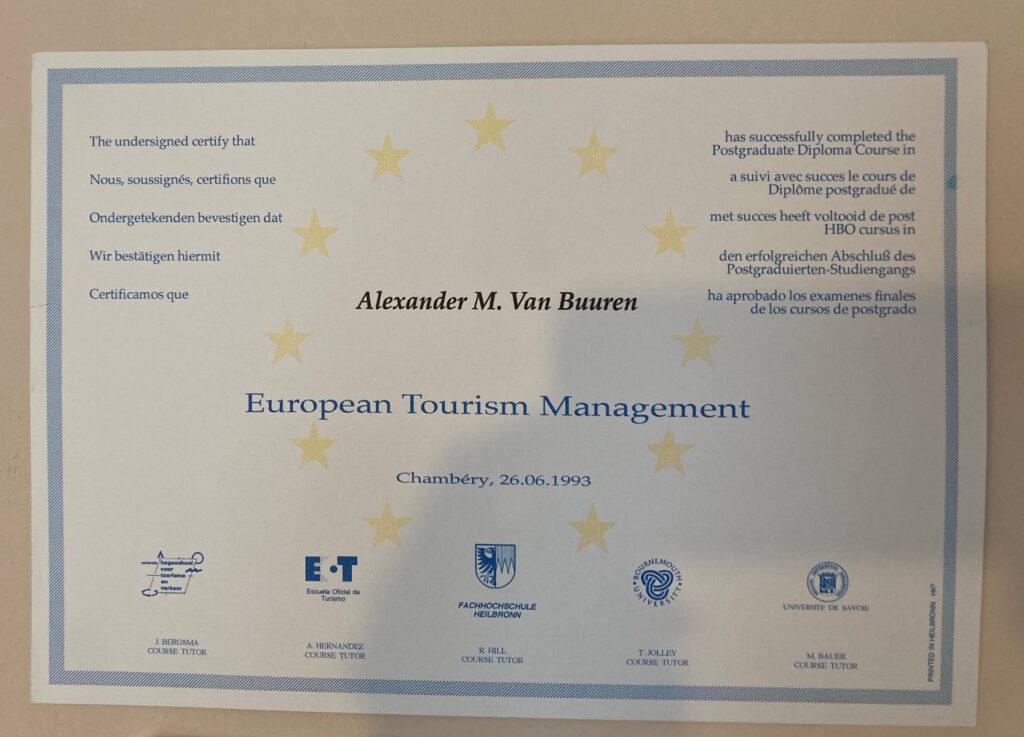 Diploma for European Tourism Management acquired by Lex van Buuren - at the Bournemouth University and l'Université de Savoie - in 1993