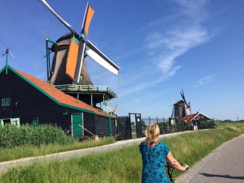 Biking past the windmills on Zaanse Schans - Photo Lex and the City tours
